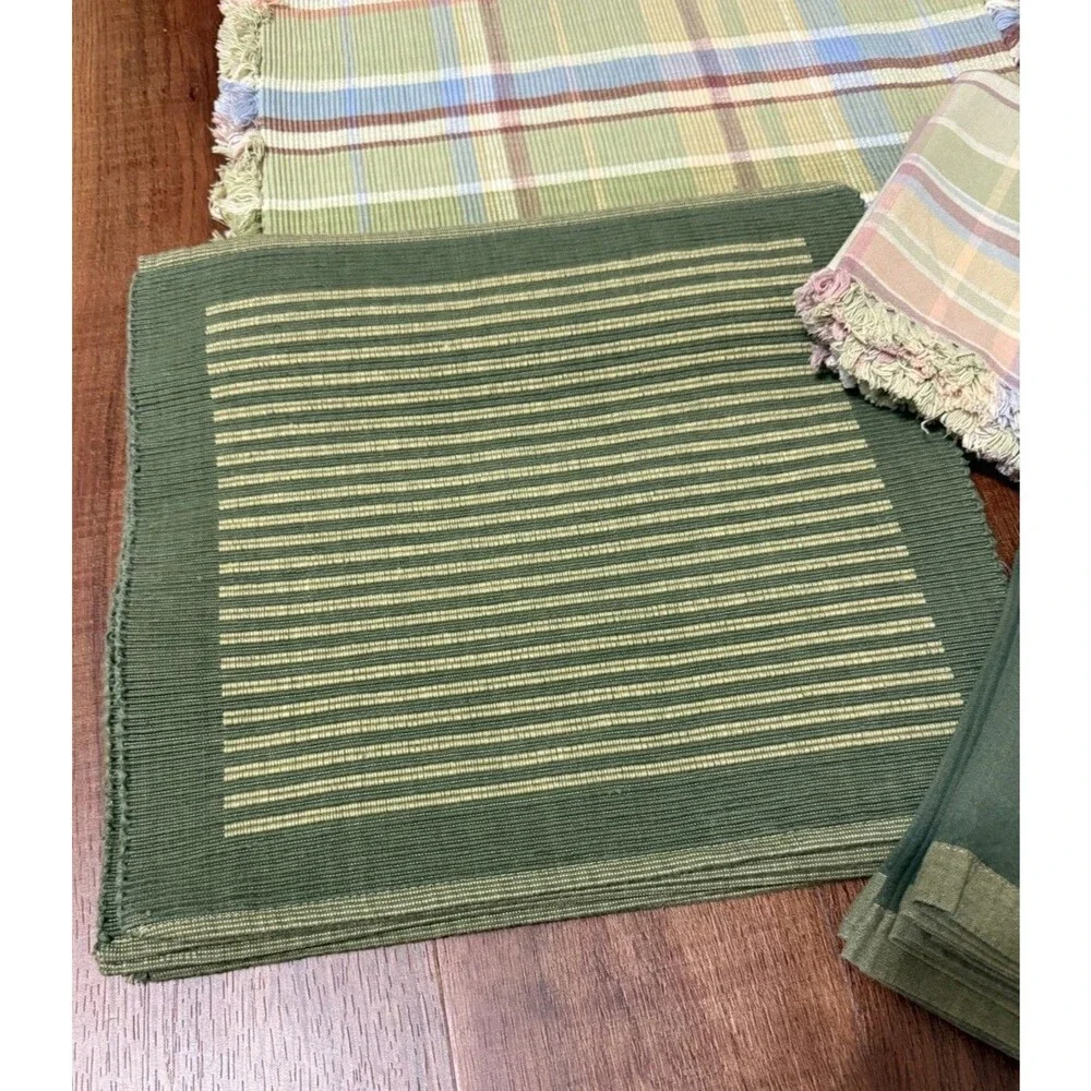 Set of 6 Cloth Placemats & Napkins X 2 Autumn Pastel Plaid And Green